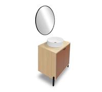 Meuble Vasque avec Miroir Lumineux Salle De Bain, Lavabo Céramique Et 2 Portes & 1 Etagère en Bois - Coloris Terracotta & Chêne Vincenza - 69,2 x 78,2 x 49,8 cm