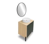 Meuble Vasque avec Miroir Lumineux Salle De Bain, Lavabo Céramique Et 2 Portes & 1 Etagère en Bois - Coloris Vert Minéral & Chêne Vincenza - 69,2 x 78,2 x 49,8 cm