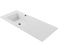 Meuble vasque avec surface de rangement, 120 cm, blanc mat. Lavabo à gauche avec trop-plein, en résine minérale