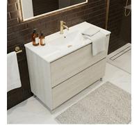 Meuble vasque L.100cm sur pied 2 tiroirs Chêne blanchi LISBONA - sans colonne