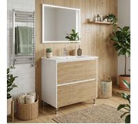 Meuble vasque L.80cm sur pied Blanc laqué 2 tiroirs Chêne naturel LISBONA - sans colonne