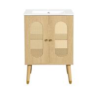 Meuble vasque salle de bain 61 cm effet bois naturel portes rotin étagères fixes rangement spacieux avec vasque céramique
