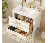 Meuble Vasque Salle de Bain 76 cm Blanc - Vasque Céramique Intégrée, 2 Tiroirs + Étagère Ouverte, Poignées Dorées Luxe