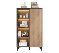Meuble Vitrine Design 90x40x135, Porte Vitrée Bois, LED RGB, Noir Naturel | Pilotage de l’éclairage par appli, 8 compartiments, ouverture push, finition MDF robuste et stable.