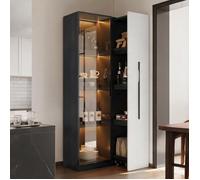 Meuble vitrine noir et blanc 70x40x160 cm en MDF, porte vitrée et éclairage LED - rangement suspendu et tiroir latéral