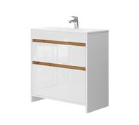 Meubles bain Detmold, 2 pièces, armoire basse 80 cm, Blanc Haute brillance/Chêne de force doré, Vicco 40060
