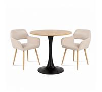 MEUBLES COSY Ensemble de salle à manger de style scandinave comprenant une table ronde en chêne et 2 chaises en velours côtelé beige
