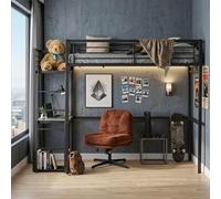 Meubles Cosy Lit Mezzanine 2 Places avec Chaise Réglable et Bureau en Verre Trempé, Gain de Place pour Chambre Étudiant Adolescent Adulte, Cadre Métallique, Noir + Rouge