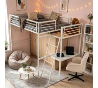 Meubles Cosy Lit Mezzanine 2 Places avec Fauteuil Réglable et Bureau en Verre Trempé, Gain de Place pour Chambre Étudiant Adolescent Adulte, Cadre Métallique, Blanc + Beige