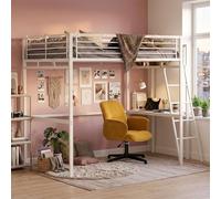 Meubles Cosy Lit Mezzanine 2 Places avec Fauteuil Réglable et Bureau en Verre Trempé, Gain de Place pour Chambre Étudiant Adolescent Adulte, Cadre Métallique, Blanc + Jaune