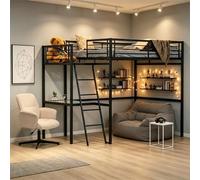 Meubles Cosy Lit Mezzanine 2 Places avec Fauteuil Réglable et Bureau en Verre Trempé, Gain de Place pour Chambre Étudiant Adolescent Adulte, Cadre Métallique, Noir + Beige