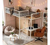 Meubles Cosy Lit Mezzanine 2 Places avec Fauteuil Réglable et Bureau en Verre Trempé, Gain de Place pour Chambre Étudiant Adolescent Adulte, Cadre Métallique, Blanc + Rouge