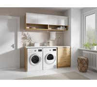 Meubles de buanderie pour machine à laver avec plan de travail - L182 cm - Blanc et naturel clair - NATAJI