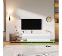 Meubles TV 170cm, buffets bas, une combinaison de blanc laqué et de tons boisés. Cloisons vitrées et éclairage LED modulable,Blanc