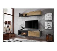 Meubles TV - AC-DÉCO - Dallas - 2 meubles muraux - Cheminée bioéthanol - Gris/Beige