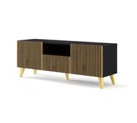 Meubles TV - Meuble TV Ravenna avec 2 portes + 1 tiroir + 1 niche en bois et pieds dorés - Beige et noir - L 150 x P 42 x H 56 cm