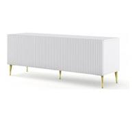 Meubles TV - Meuble TV Ravenna avec 3 portes en bois et pieds dorés - Blanc mat - L 150 x P 42 x H 56 cm