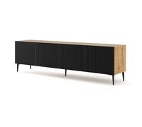 BIM Furniture Meuble TV bas 200 cm - Buffet avec façades en MDF fraisé, push-to-open, pieds en métal noir - Meuble TV HiFi pour salon, chêne Artisan et noir mat