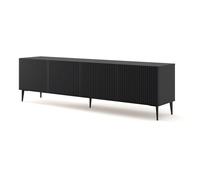 BIM Furniture Meuble TV bas 200 cm - Buffet avec façades en MDF fraisé - Push to Open - Pieds en métal noir - Meuble TV HiFi pour salon - Noir mat