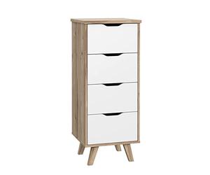 Meubletmoi Chiffonnier 4 tiroirs de Rangement décor chêne Naturel et Blanc Mat Pieds Bois Massif inclinés - ALBANE