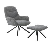 Meubletmoi Fauteuil Rotatif 360 ° Matelassé avec Accoudoirs, Repose-Pied en Tissu Doux Gris et Pied Croix en Métal Noir - Design Contemporain - EVA