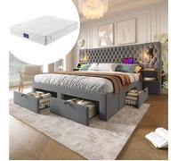 MEUBLIV Lit double 160 x 200 cm avec matelas 2 tables de chevet 4 tiroirs liseuses USB Type-C velours gris