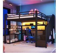 MEUBLIV Lit mezzanine métallique 140x200 cm avec bureau, armoire, rangements et LED RGB noir