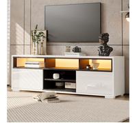MEUBLIV Meuble TV LED 150 x 35 x 50 cm, 2 portes, 5 niches, blanc et noir brillant, jusqu'à 65 pouces