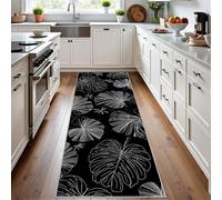 Meugesoi Feuilles de Monstera Tapis de Couloir Extra Long, Plantes Tropicales Tapis de Passage Antidérapant Lavable, Minimaliste Noir Carpet pour Couloir, Entrée, Buanderie, Chambre, 80x350 cm