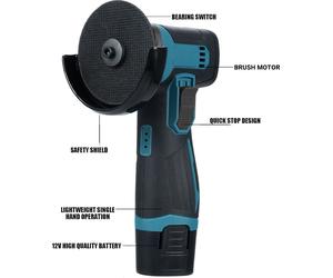 meuleuse d'angle sans fil 12V, disque à ébarber 3 pouces/76mm, meuleuse d'angle légère avec 2PCS 1300mAh Lithium-Ion Battery & Charger, position ergonomique des boutons pour réduire la pression de la 