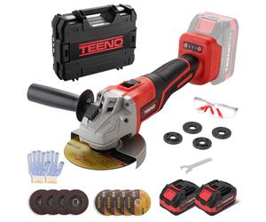 Meuleuse d'angle sans fil TEENO, livrée avec une boîte à outils en plastique, meuleuse d'angle 21 V, 1 000 W, moteur sans balais avec 2 batteries de 4,0 Ah, 9 100 tr/min