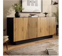 MEULVA Buffet bas 160 x 40 x 72 cm avec étagère réglable, noir et décor bois, meuble de rangement