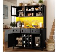 MEULVA Buffet de cuisine haut 120 x 40 x 170 cm avec LED, 4 portes, 3 tiroirs, prises USB, noir