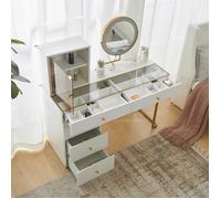 MEULVA Coiffeuse 120 x 45 x 115 cm avec miroir LED 3 couleurs, plateau en verre trempé, blanc et doré, sans tabouret