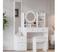 MEULVA Coiffeuse 4-en-1 109 x 36 x 164 cm avec miroir LED 3 couleurs, miroir plein pied, tabouret, 4 tiroirs, blanc