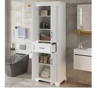 MEULVA Colonne de salle de bain 60 x 40 x 180 cm en MDF blanc laqué avec 1 tiroir, 4 portes et étagères réglables