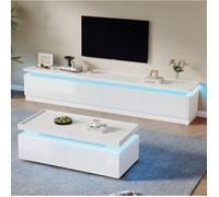 MEULVA Ensemble meuble TV et table basse blanc brillant avec LED, 6 tiroirs, en panneaux de particules, pour TV 75 pouces
