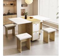 MEULVA Ensemble table à manger pliante et extensible 120x80x75 cm avec 4 tabourets, blanc et chêne
