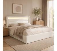 MEULVA Lit coffre hydraulique 160 x 200 cm avec LED, sommier à lattes relevable, PU blanc, 2 places