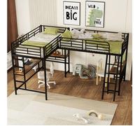 MEULVA Lit mezzanine d’angle 90 x 200 cm avec bureau intégré, échelle, métal et MDF, noir