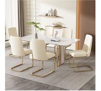 MEULVA Lot de 6 chaises de salle à manger en velours beige, dossier losange, pieds en métal doré