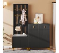 MEULVA Meuble d'entrée avec porte-manteau, meuble à chaussures 2 portes 2 tiroirs, coussin d'assise, noir