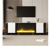 MEULVA Meuble TV 165 cm avec cheminée électrique décorative effet flamme, sans chauffage, 2 portes, blanc et noir