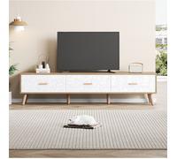 MEULVA Meuble TV bas vintage 150 x 35 x 39 cm, 3 tiroirs, blanc texturé et bois clair