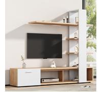 MEULVA meuble TV mural complet 180 x 33,5 x 151,5 cm blanc et décor bois, pour TV jusqu'à 60 pouces