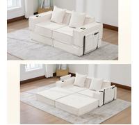 MEUVYX Canapé Droit 2 Places avec Poches Latérales et 2 Coussins, Design Bas Modulable, en Velours Côtelé Beige
