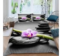 MEVASA Housse de Couette 140x200 Enfant Parure de Lit Pierre Zen Orchidée Gris Housse de Couette Ado Garçon Fille 1 Personne Microfibre avec 2 Taies d'Oreillers 50x75 cm