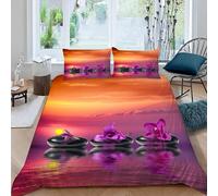 MEVASA Housse de Couette 220x240 3D Impression Microfibre Housse de Couette Pierre Zen Orchidée Parure de lit 2 Personnes avec Fermeture Éclair avec 2 Taies d'oreiller