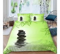 MEVASA Housse de Couette 240x260 Bambou Vert Parure de Lit 2 Personnes 3D Motif Luxueuse Microfibre Adulte Housse de Couette Pierres Zen Feuilles De Bambou avec 2 Taies d'oreiller 50x75