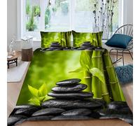 MEVASA Housse de Couette 240x260 Pierres Zen Feuilles De Bambou Parure de Lit 2 Personnes 3D Motif Luxueuse Microfibre Adulte Housse de Couette Bambou Vert avec 2 Taies d'oreiller 50x75